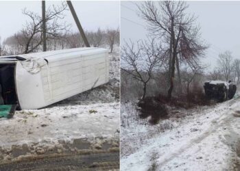 FOTO // Vremea a provocat un accident și la Soroca. Un microbuz s-a inversat
