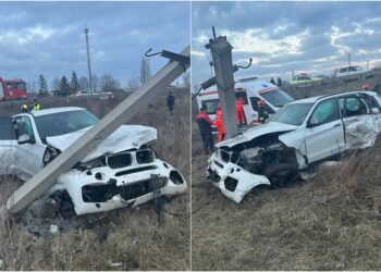 FOTO // Un șofer beat din nordul țării a derapat de pe traseu și s-a lovit într-un pilon electric