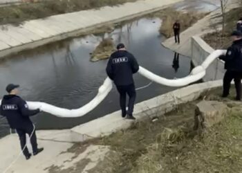 VIDEO // Substanțe petroliere s-au depistat și pe râul Bîc. Au fost instalate baraje absorbante